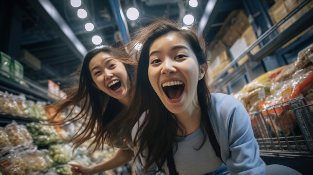 Two Asian women having fun in a grocery store