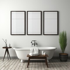 Fototapeta na wymiar Bathroom interior with bathtub, frames and plant