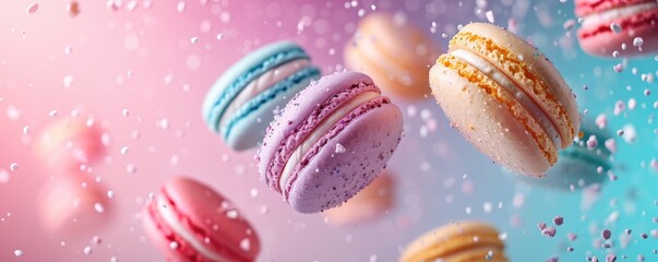 Colorful flying macaroons, pastel color background