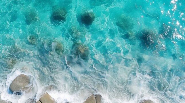 An aerial view of the texture of clear ocean water at the top.