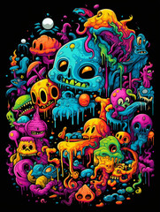 Many wacky coral and seal life characters, surreal, psychadelic, colorful, ocean waves, drippy wet created with Generative Ai