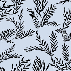 Abstract leaves seamless pattern. Hand drawn black plants. Vector foliage silhouettes. Natural organic ornament.