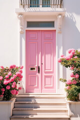 pink door and white wooden walls, potted plants in front, generative ai