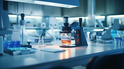 In a medical science laboratory, a young female scientist is using a microscope to analyze microbiological samples.