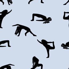 woman doing yoga seamless pattern. Healthy lifestyle print. pilates pose vector silhouette illustrations design isolated on white background