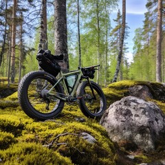Naklejka premium Green fat bike leaning against rock in lush green forest