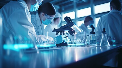 Students and teachers in a medical laboratory write notes during scientist lectures or lessons with mentors or teachers, medical men and women, to train and learn in chemistry class.