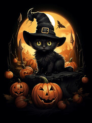 a realistic illustration of a tiny black kitten sitting on a giant pumpkin while wearing a huge black witch hat created with Generative Ai