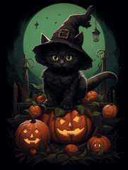 a realistic illustration of a tiny black kitten sitting on a giant pumpkin while wearing a huge black witch hat created with Generative Ai