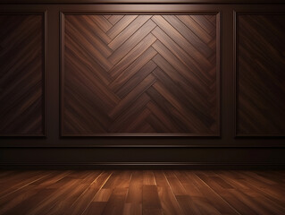 Dark brown classic wall background with copy space. Parquet floor. Mock up room.	