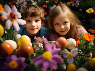 Fototapeta na wymiar Two children play with flowers and Easter eggs