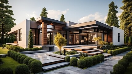 Fototapeta na wymiar Modern House Exterior Design with Landscaping