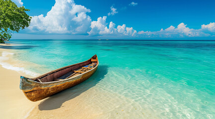 Wooden canoe at the scenic beach in Asian resort island near popular tourist destination hotel