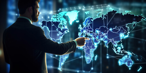 Side view of businessman touching virtual holographic globe map.
