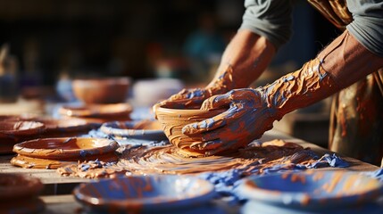 craftsman making pottery with orange glaze