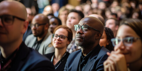 Obraz premium Black businessman sitting in crowded auditorium at an international business conference.