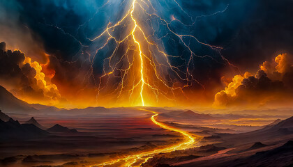 Magnifique paysage d'arrière-plan apocalyptique avec rivière de feu et éclair doré