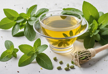 Mint-infused oil with fresh mentha leaves and flowers on a vintage white table, promoting natural healing and wellness. - obrazy, fototapety, plakaty