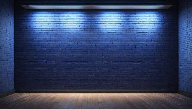 Blue neon spotlight shining on empty brick wall with copy space. High-resolution free stock photo of illuminated background with light glow for texture.