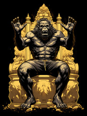 Obraz premium T-shirt design, all black vector of king kong beating chest, full perspective full body, wearing a golden crown created with Generative Ai