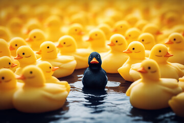 Black duck standing out from the crowd of yellow ducks.