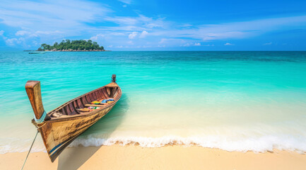 Fototapeta na wymiar Wooden canoe at the scenic beach in Asian resort island near popular tourist destination hotel
