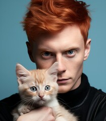 redhead man holding orange kitten