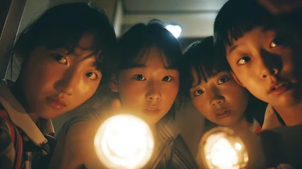 Fotobehang A group of young Korean boys and girls holding flashlights. © chand
