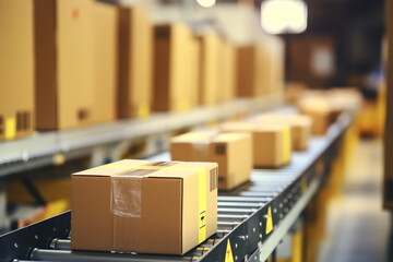 Packages moving on a conveyor belt in a warehouse
