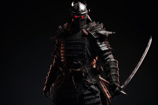A samurai warrior in black armor with a red glowing visor and a katana