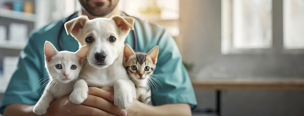 Veterinarian Holding a Puppy and Kittens. Doctor caregiver cares the young animals. bond between humans and pets. Panorama with copy space.