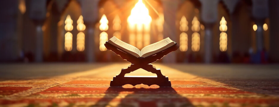 Sacred Book Opened on a Stand with Sunlight Streaming Through Windows. An open holy Quran basks in the golden sunlight, divine glow on its pages, peaceful reverence in a place of worship. Panorama.