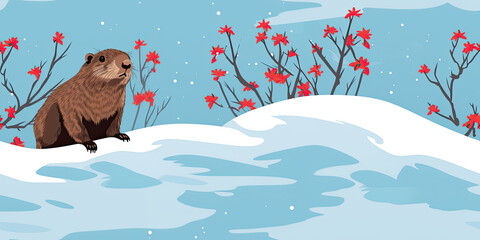 Fototapeta premium Cartoon marmot with red winter blooms on a snowy landscape.Groundhog Day. World Wildlife Day