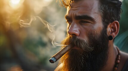 Portrait of a breaded man smoking cigar - obrazy, fototapety, plakaty