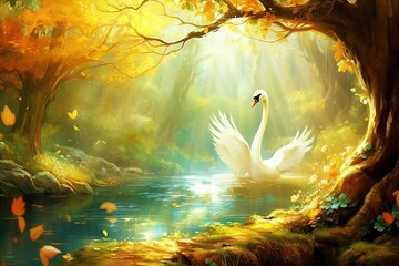 Mystical Sunrise. Graceful Swan Gliding on Tranquil Lake, Enveloped in Mist and Serene Fog