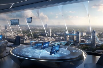 Futuristic office interior with round table and screens, skyscrapers visible outside the window