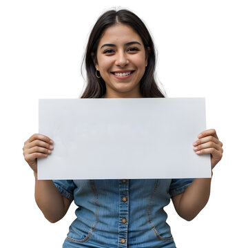 Mujer latina sosteniendo un cartel vacio con sus manos