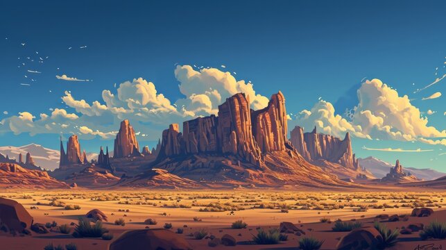 Painting of a Desert Scene With Mountains and Clouds