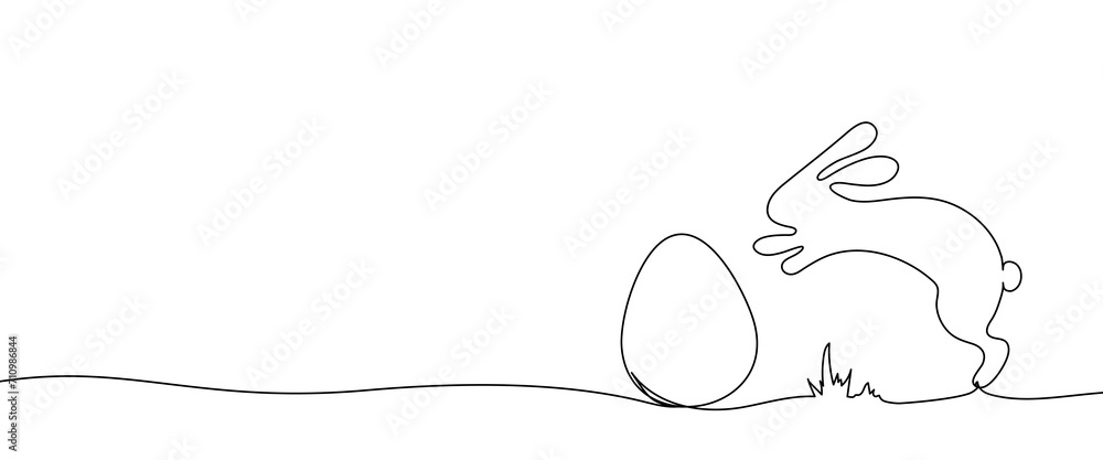 Wall mural Easter bunny rabbit with egg one continuous line banner template with copy space for text. Minimal vector illustration isolated on white background. Funny holiday symbol, Easter egg hunt concept