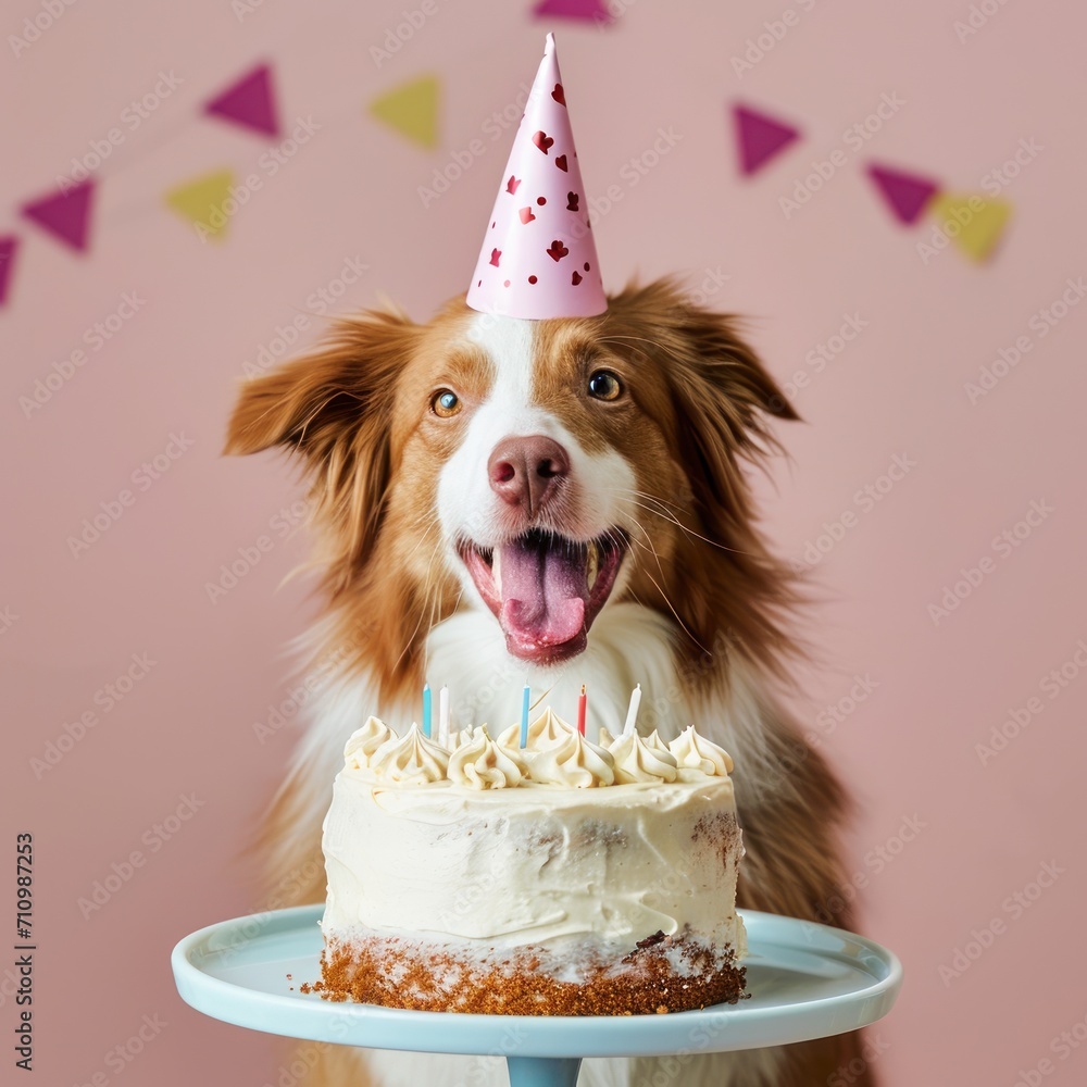 Poster Happy dog in a party hat celebrate Birthday