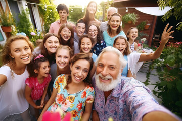 Portrait photo of full big family gathering relatives, multi generation people, seniors and youngers, grandparents, parents and children, making selfie together at home backyard. - obrazy, fototapety, plakaty