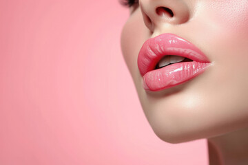 Beautiful juicy glossy lips painted with pink lipstick on pink background - obrazy, fototapety, plakaty