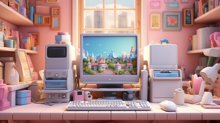 A pink computer desk with a large monitor, keyboard, mouse, and other office supplies