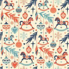 Retro seamless pattern with flat style Christmas tree decor. Tile Winter background with bauble decorations. Cozy noel endless print for gift, wrapping paper, fabric, all over design