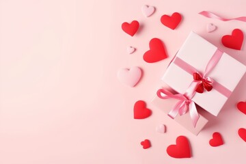 Generative AI image of Valentine or mother day festive composition with gift or present box and red hearts on pastel pink background top view.