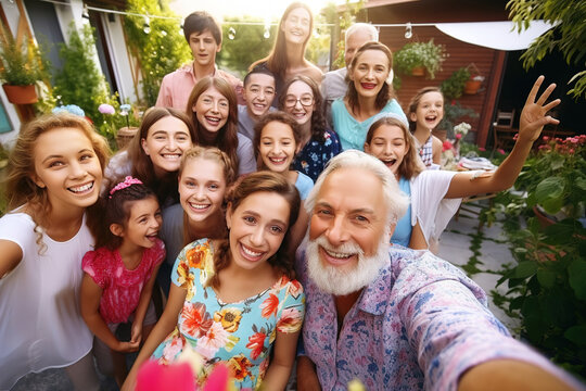 Portrait photo of full big family gathering relatives, multi generation people, seniors and youngers, grandparents, parents and children, making selfie together at home backyard.
