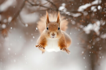 Red Squirrel Jumping. Red squirrel in the forest looking at the camera. flying squirrel. Red Squirrel jumps towards the camera, isolated on a green background