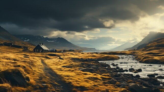 Small Thatched Cottage Near River In Iceland