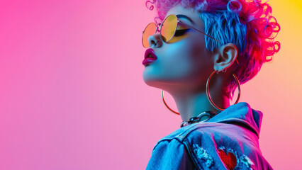 Young woman with vibrant punk hair and sunglasses stands against a neon background banner with empty copy space for text. Pop art portrait concept