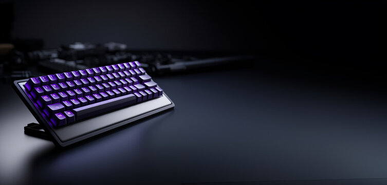 Generative AI image of mechanical keyboard, colors of purple ,black anodized aluminum